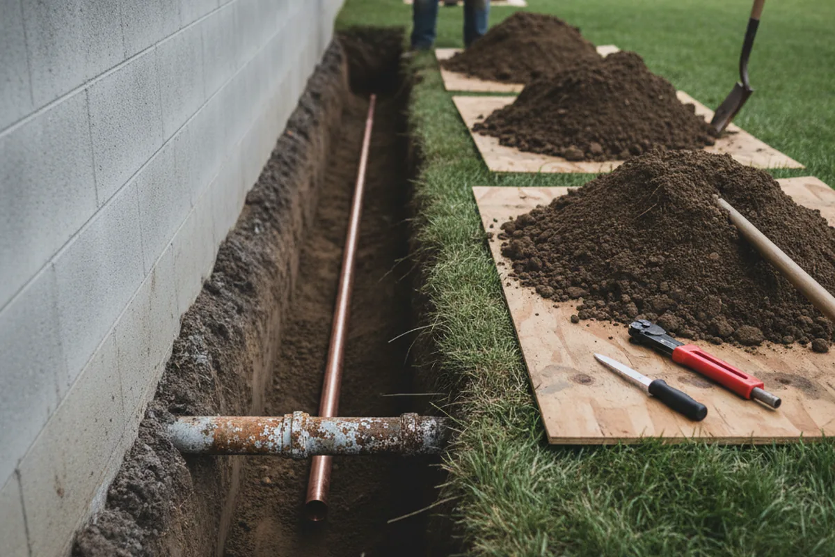 Excavated water line trench during Water Heater Repair in Platteville